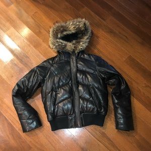 Black leather bomber jacket with fur/
